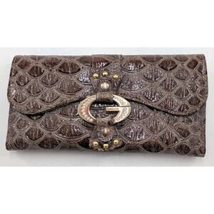 Vintage Y2K GUESS Brown Crocodile Print Patent Leather Clutch Wallet Studded...